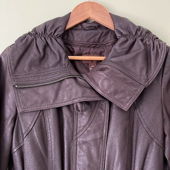 NWOT Danier Brown Leather Jacket Moto 80s Y2K High Collar Cinched Waist - Picture 4 of 17